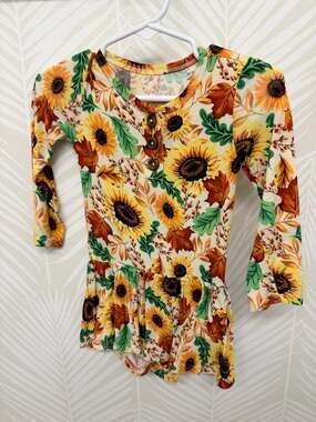 Lori + Val Sunflower and Fall Leaves Long Sleeve Ruffle Bodysuit
